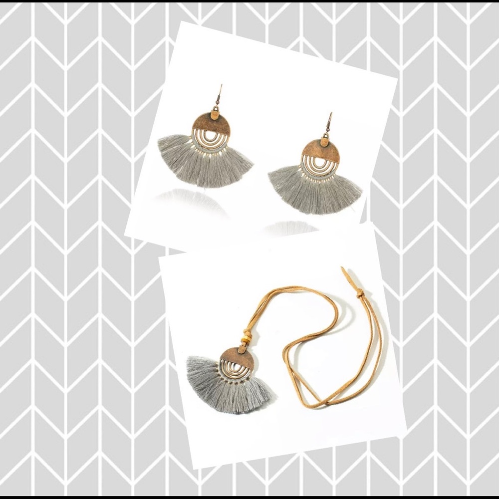 Gray tassel necklace and earring set 18” trendy